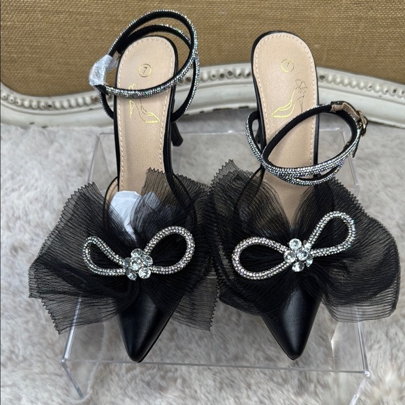Perphy Rhinestone Mesh Bow Slingback Stiletto Heel Pumps, NWT, Size 7 - Picture 3 of 15